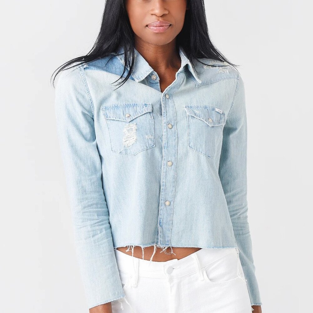 MOTHER  Women's The Super Ex's Crop Fray Button-Up Shirt Jacket